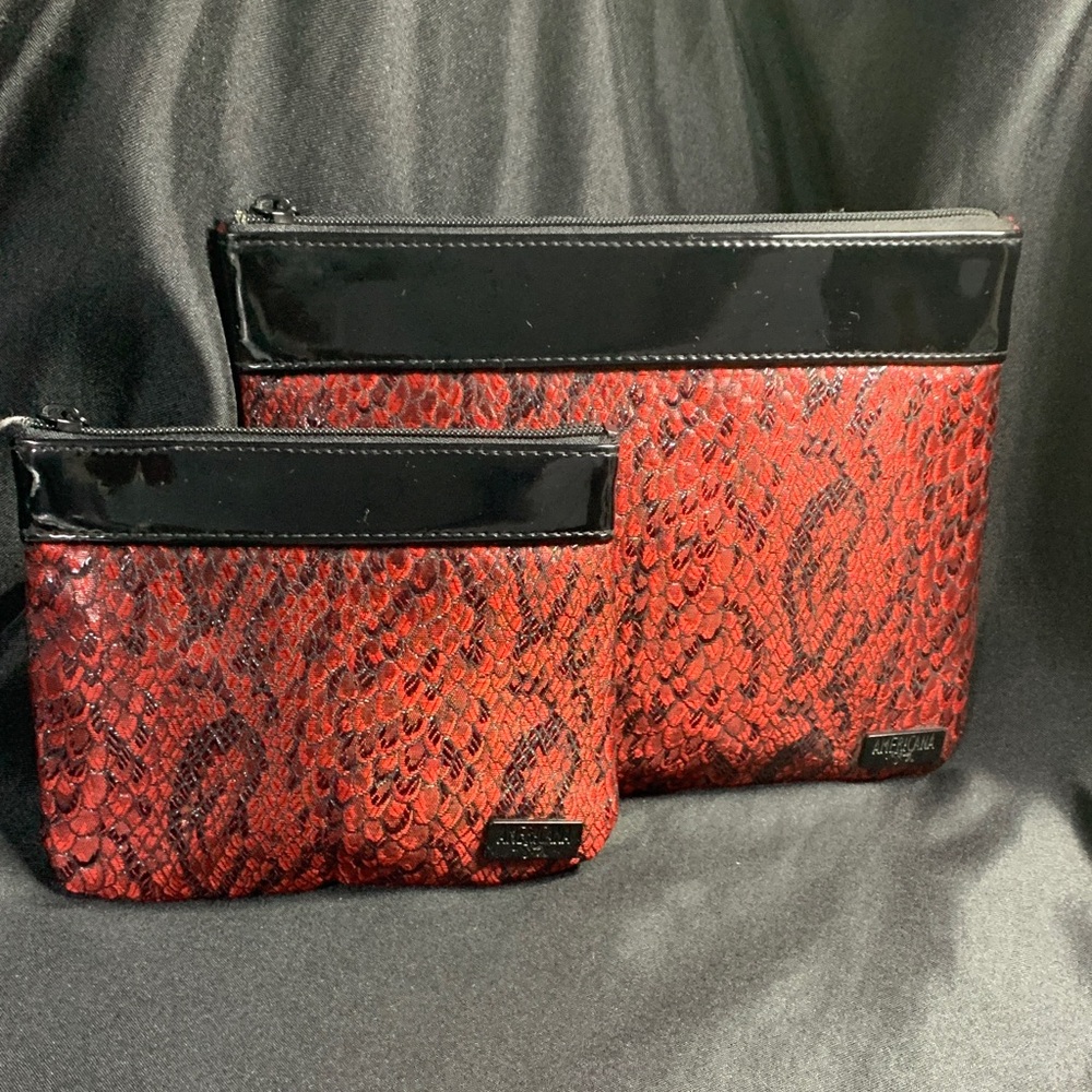 Sharif Americana  Red/Black Snakeskin & Patent Leather Cosmetic Set Of (2) Bags